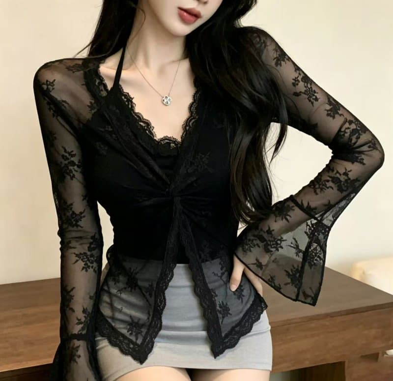 정가 실사 V넥 레이스 행침 목 나팔 소매 티셔츠 핫걸 맨위 여성 상세 이미지 11