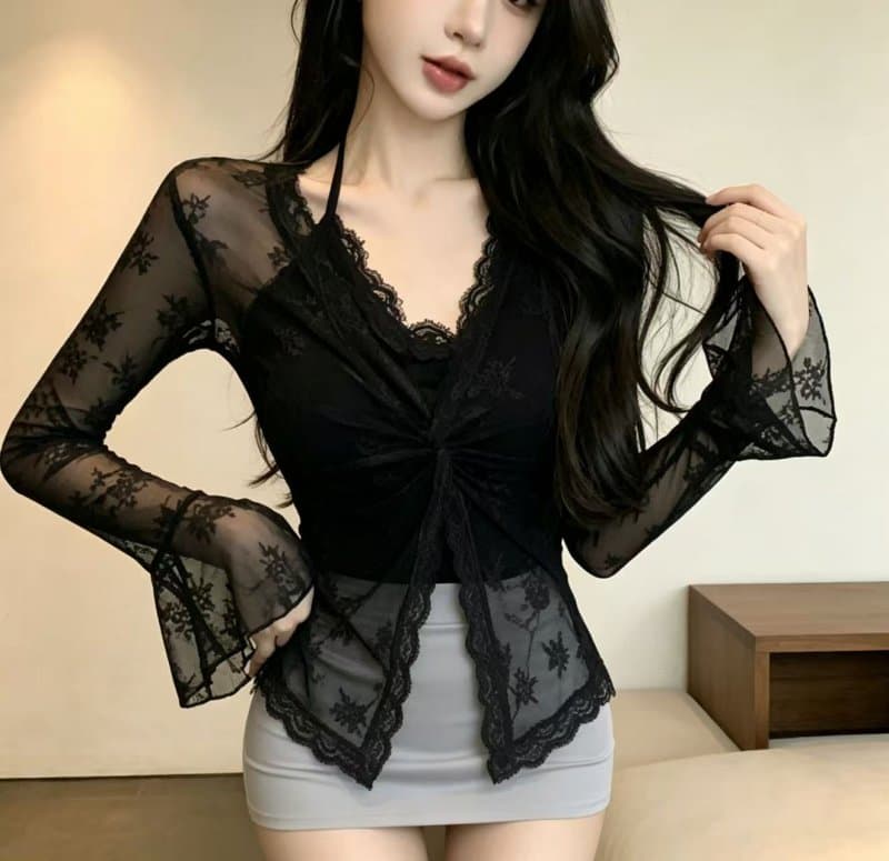 정가 실사 V넥 레이스 행침 목 나팔 소매 티셔츠 핫걸 맨위 여성 상세 이미지 12