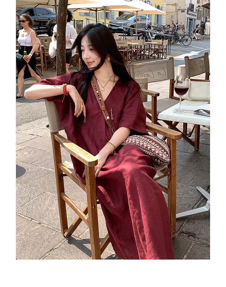 202226 아마 茧 모양 루즈핏 드레스 V넥 반팔 여성 드레스 여름 느긋한 센스 롱 스커트 상세 이미지 13