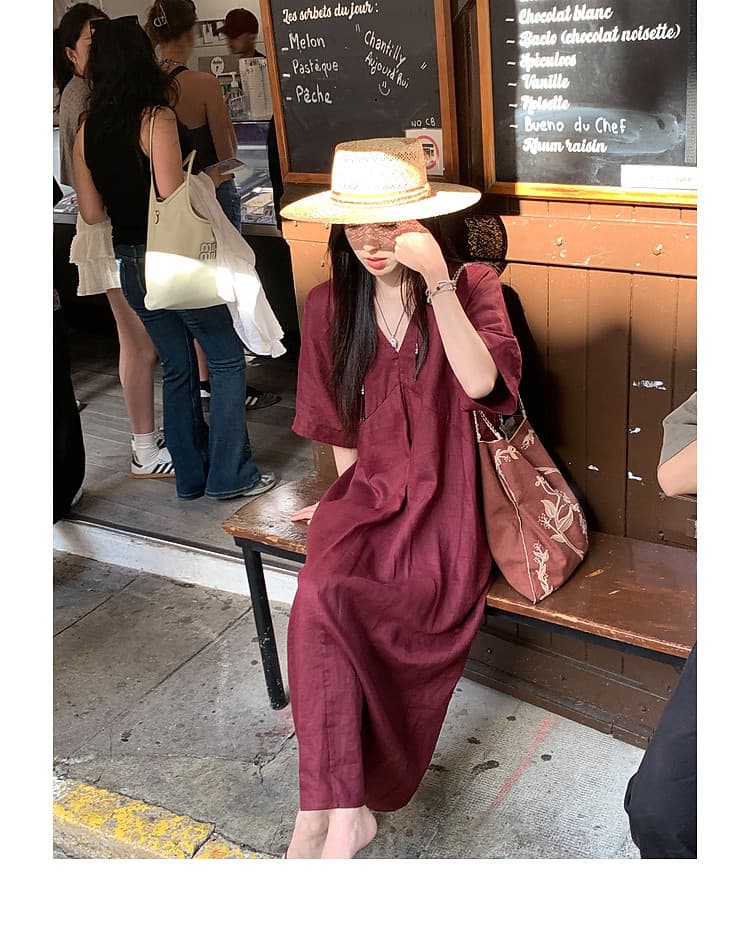 202226 아마 茧 모양 루즈핏 드레스 V넥 반팔 여성 드레스 여름 느긋한 센스 롱 스커트 상세 이미지 24