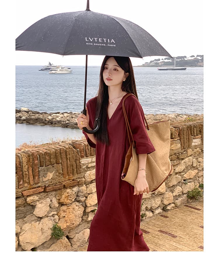 202226 아마 茧 모양 루즈핏 드레스 V넥 반팔 여성 드레스 여름 느긋한 센스 롱 스커트 상세 이미지 30
