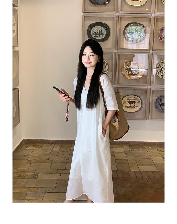 202226 아마 茧 모양 루즈핏 드레스 V넥 반팔 여성 드레스 여름 느긋한 센스 롱 스커트 상세 이미지 36