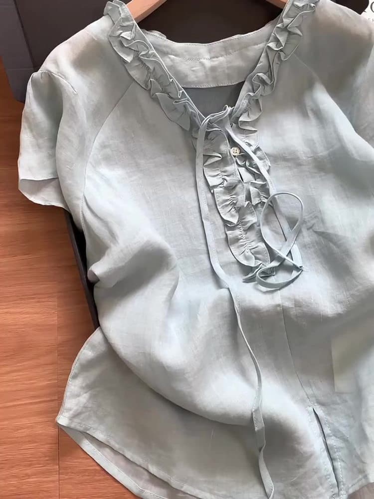 자이언트 잘 생긴 파란색 라미 차가운 센스 레이스업 여성 셔츠 여름 달콤함 루즈핏 슬림해 보이는 맨위 이미지 3