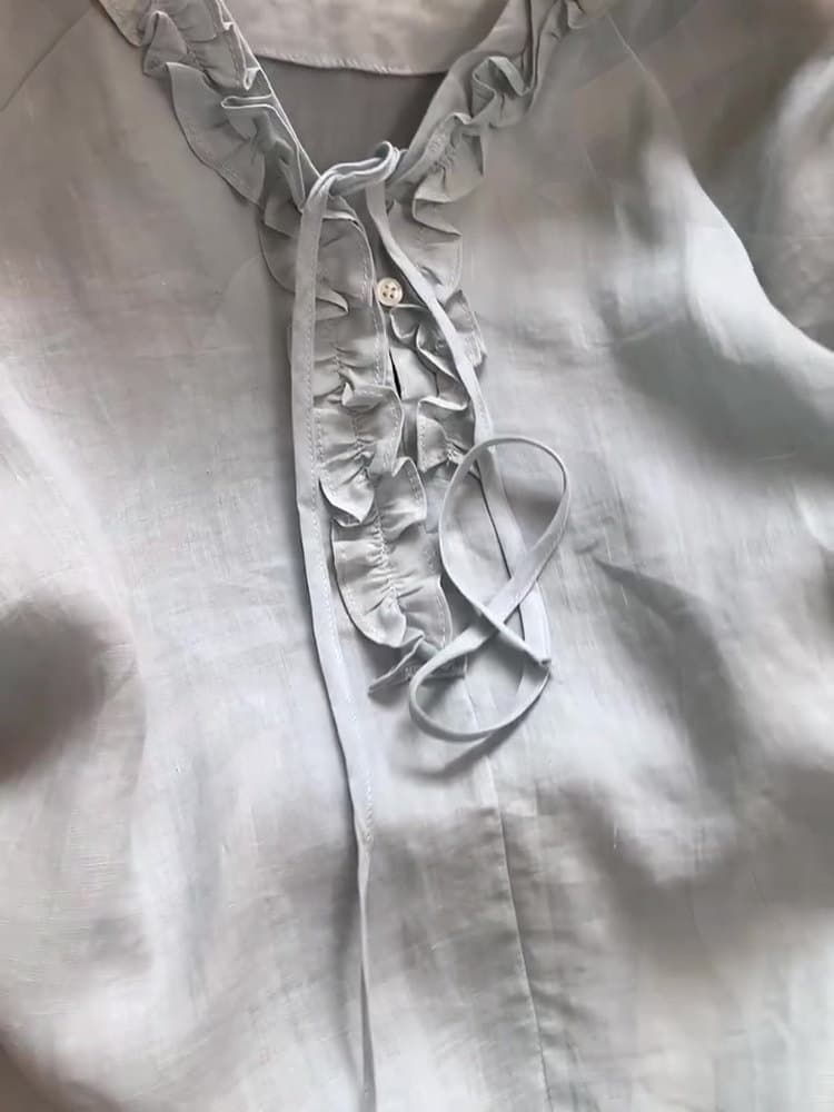 자이언트 잘 생긴 파란색 라미 차가운 센스 레이스업 여성 셔츠 여름 달콤함 루즈핏 슬림해 보이는 맨위 이미지 4