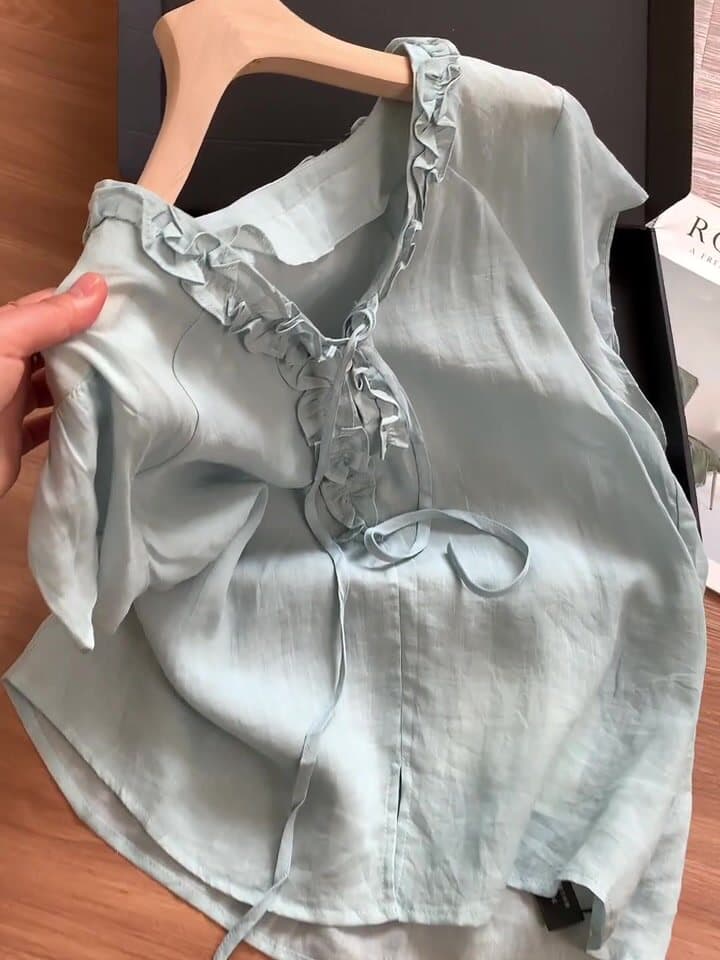 자이언트 잘 생긴 파란색 라미 차가운 센스 레이스업 여성 셔츠 여름 달콤함 루즈핏 슬림해 보이는 맨위 상세 이미지 5