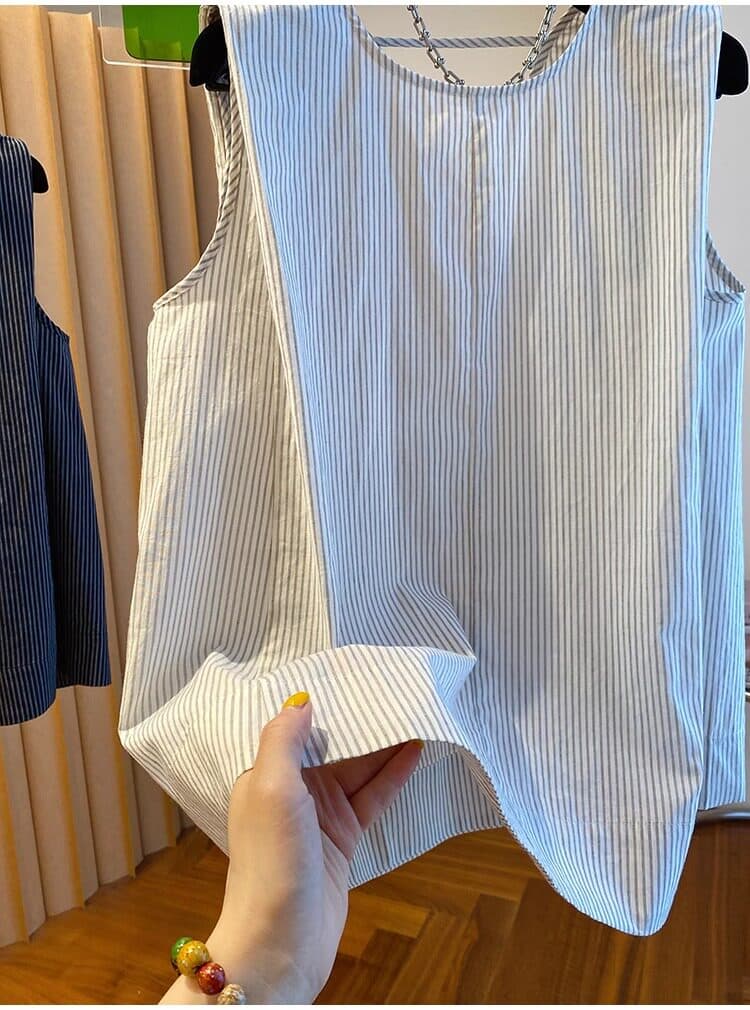 고급 센스 레트로 스트라이프 조끼 여성 셔츠 여름 얇은 스타일 루즈핏 슬림해 보이는 디자인 센스 백리스 민소매 작은 셔츠 맨위 상세 이미지 19