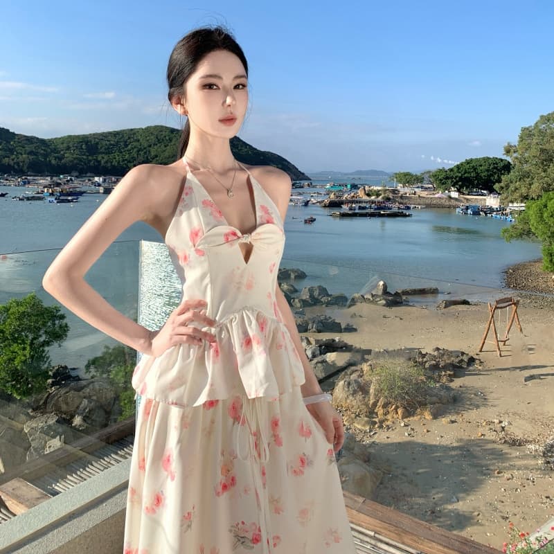 새로운 프랑스식 신선함 아름다움 꽃무늬 나비 매듭 홀로우 아웃 캐미솔 연꽃 잎 측면 길이 치마 세트 여성 이미지 5