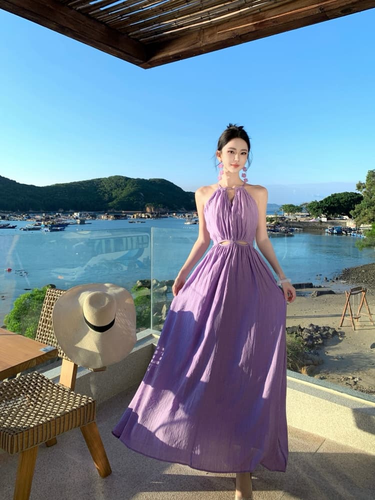 프랑스식 부드러운 바람 보라색 행침 목 민소매 여성 드레스 2026 여름 새로운 디자인 센스 백리스 아름다운 치마 상세 이미지 3
