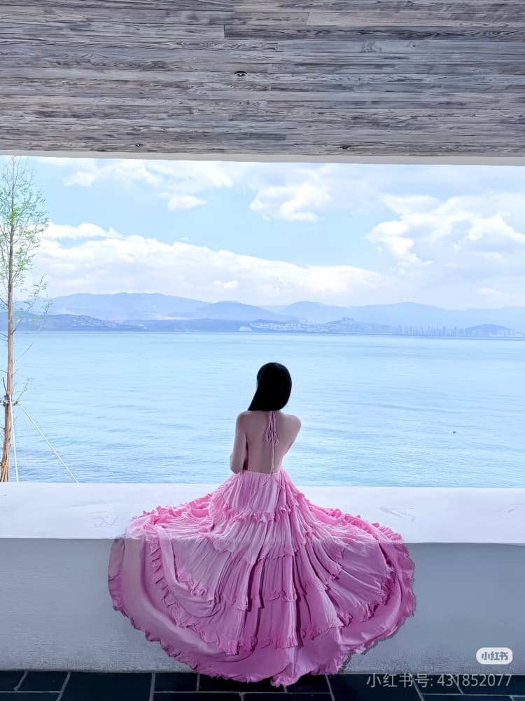 순수한 욕망 바람 행침 목 백리스 센 부서 요정 롱 스커트 여성 해변가 휴가 프릴 슬립 드레스 상세 이미지 5