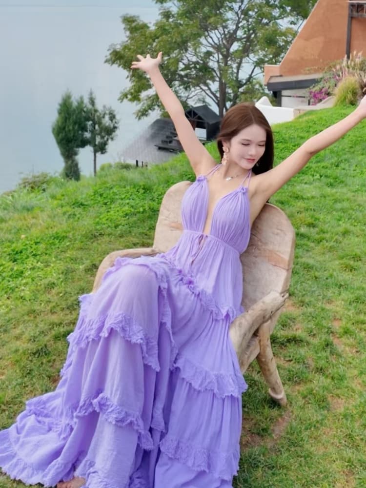 순수한 욕망 바람 행침 목 백리스 센 부서 요정 롱 스커트 여성 해변가 휴가 프릴 슬립 드레스 상세 이미지 6