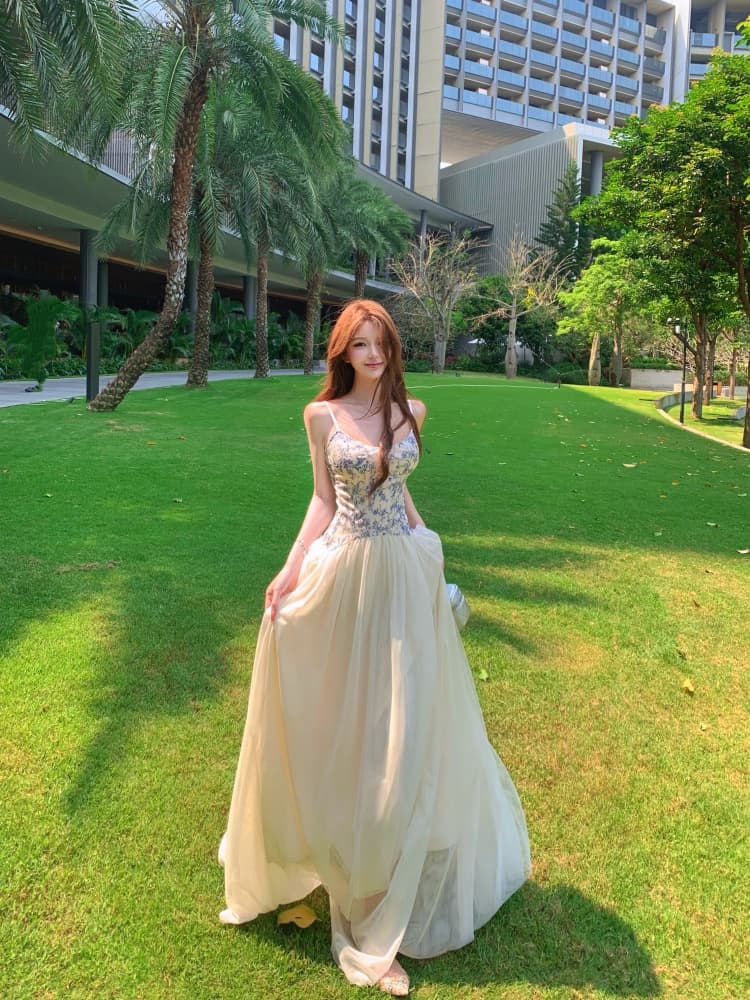 실사 여름 섹시함 청화 백자 패치워크 망사 허리 수축 슬림해 보이는 슬립 드레스 롱 스커트 여성 상세 이미지 12