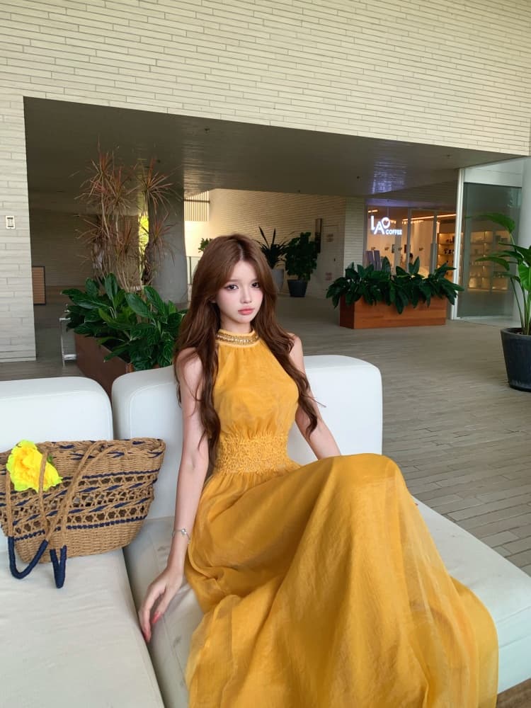 2026 새로운 올해 인기 프랑스식 연회 자이언트 잘 생긴 ~ 중 휴가 바람 황색 민소매 외국 가스 Tulle 드레스 상세 이미지 14
