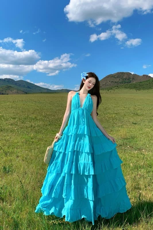 순수한 욕망 바람 행침 목 백리스 센 부서 요정 롱 스커트 여성 해변가 휴가 프릴 슬립 드레스 이미지 7