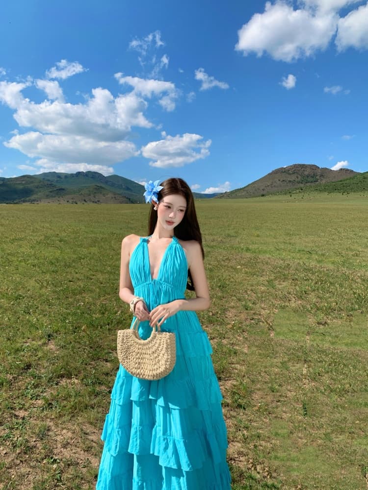 순수한 욕망 바람 행침 목 백리스 센 부서 요정 롱 스커트 여성 해변가 휴가 프릴 슬립 드레스 상세 이미지 9