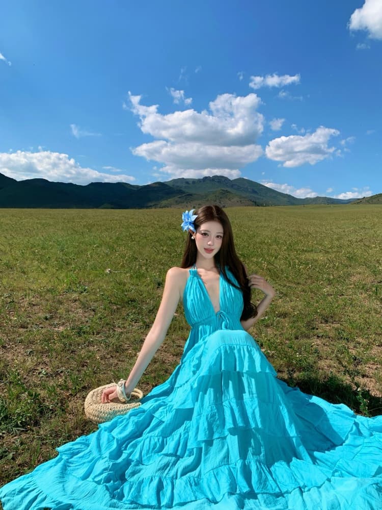 순수한 욕망 바람 행침 목 백리스 센 부서 요정 롱 스커트 여성 해변가 휴가 프릴 슬립 드레스 상세 이미지 12