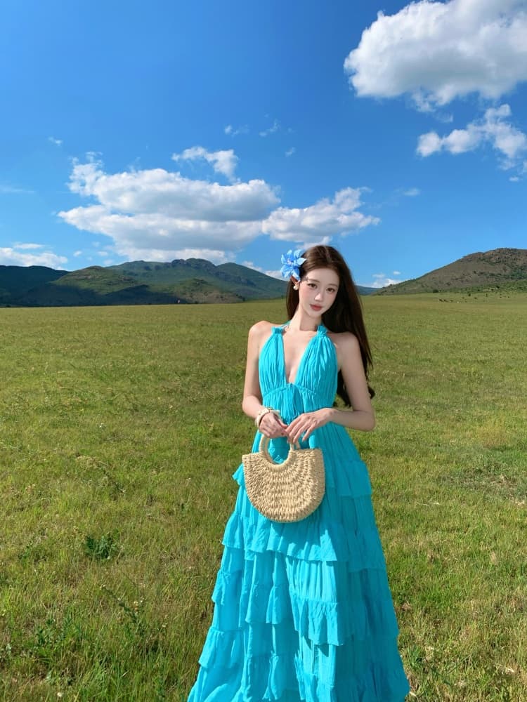 순수한 욕망 바람 행침 목 백리스 센 부서 요정 롱 스커트 여성 해변가 휴가 프릴 슬립 드레스 상세 이미지 13