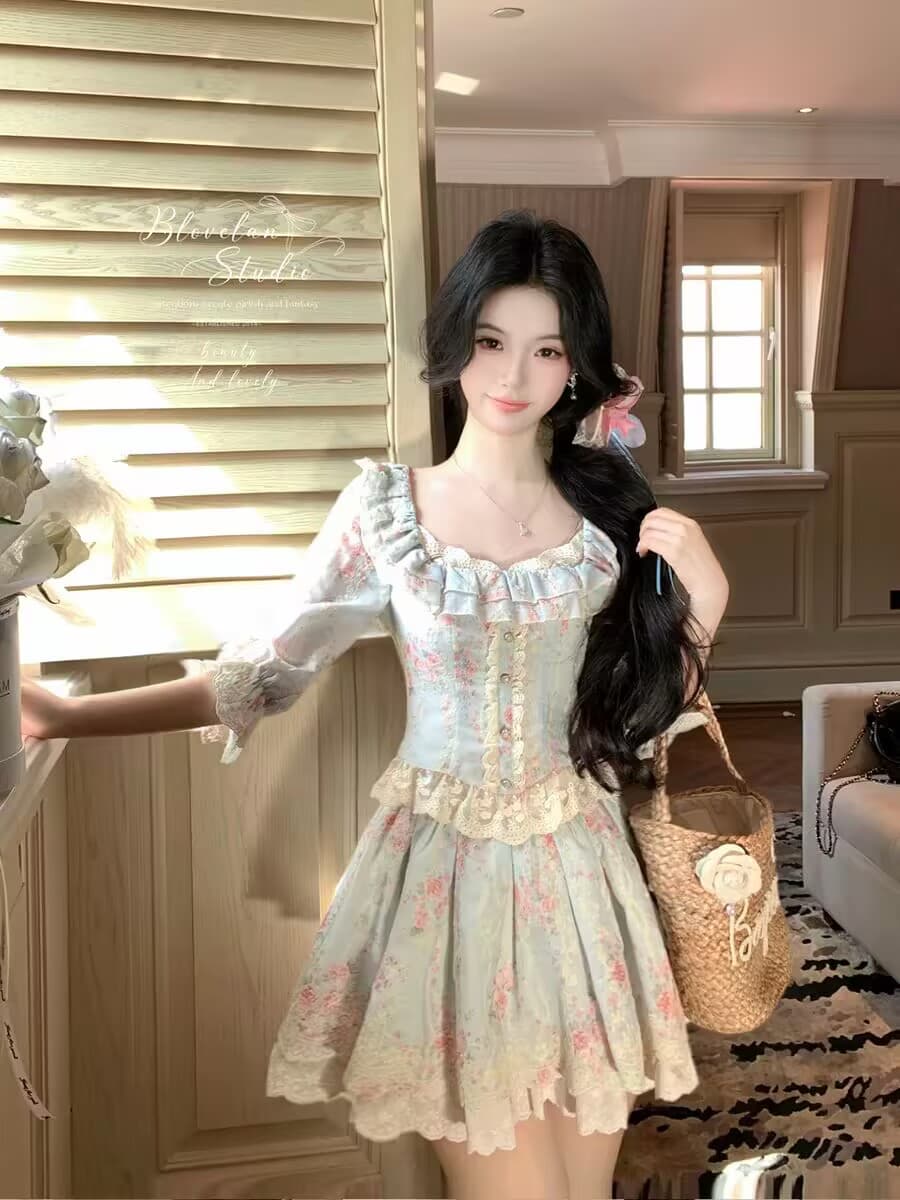 4 07 20 00 주요 추진력 섹션 꽃 리플 년 프랑스식 꽃무늬 레이스 광장 칼라 맨위 한 마디 치마 세트 상세 이미지 1