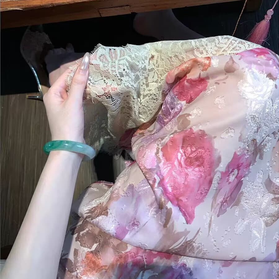 우아한 조 하느님 뒷 정원 여름 프랑스식 보라색 유화 장미 헤일로 염색 레이스 전단 꽃 점프 슈트 롱 스커트 이미지 6