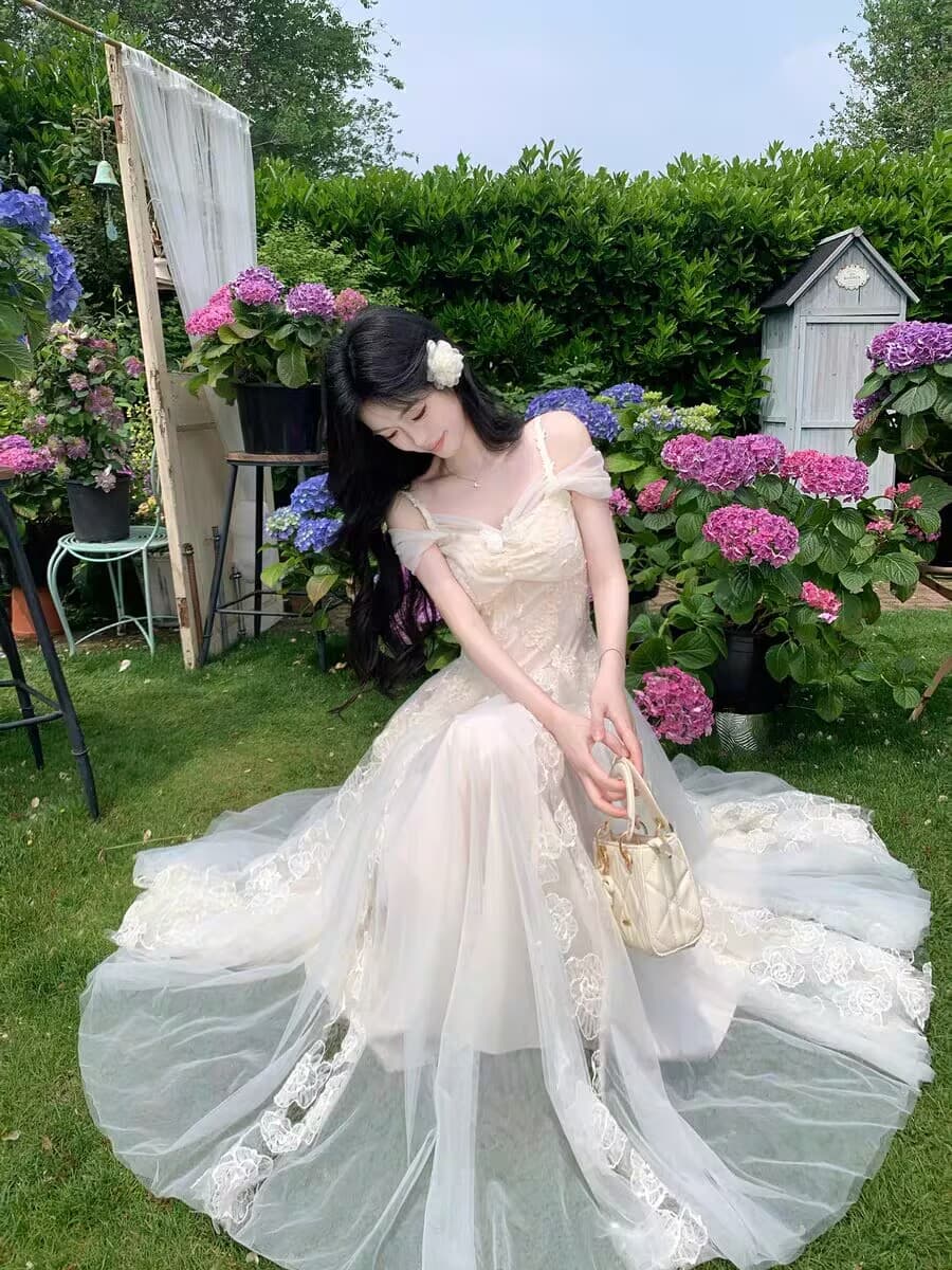 blovelan 바이위란 프랑스식 빛 웨딩 드레스 센스 슬립 드레스 오프숄더 레이스 자수 장미 큰 진자 롱 스커트 상세 이미지 6
