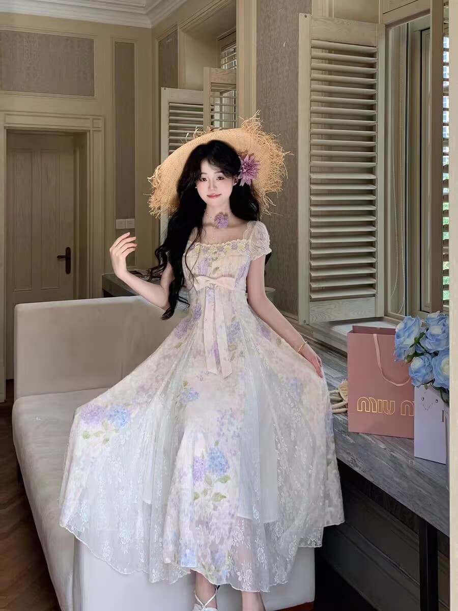 blovelan 끝없는 여름 연한 자주색 꽃무늬 레이스 드레스 광장 칼라 거품 소매 나비 매듭 허리 수축 빅 플레어 스커트 이미지 4