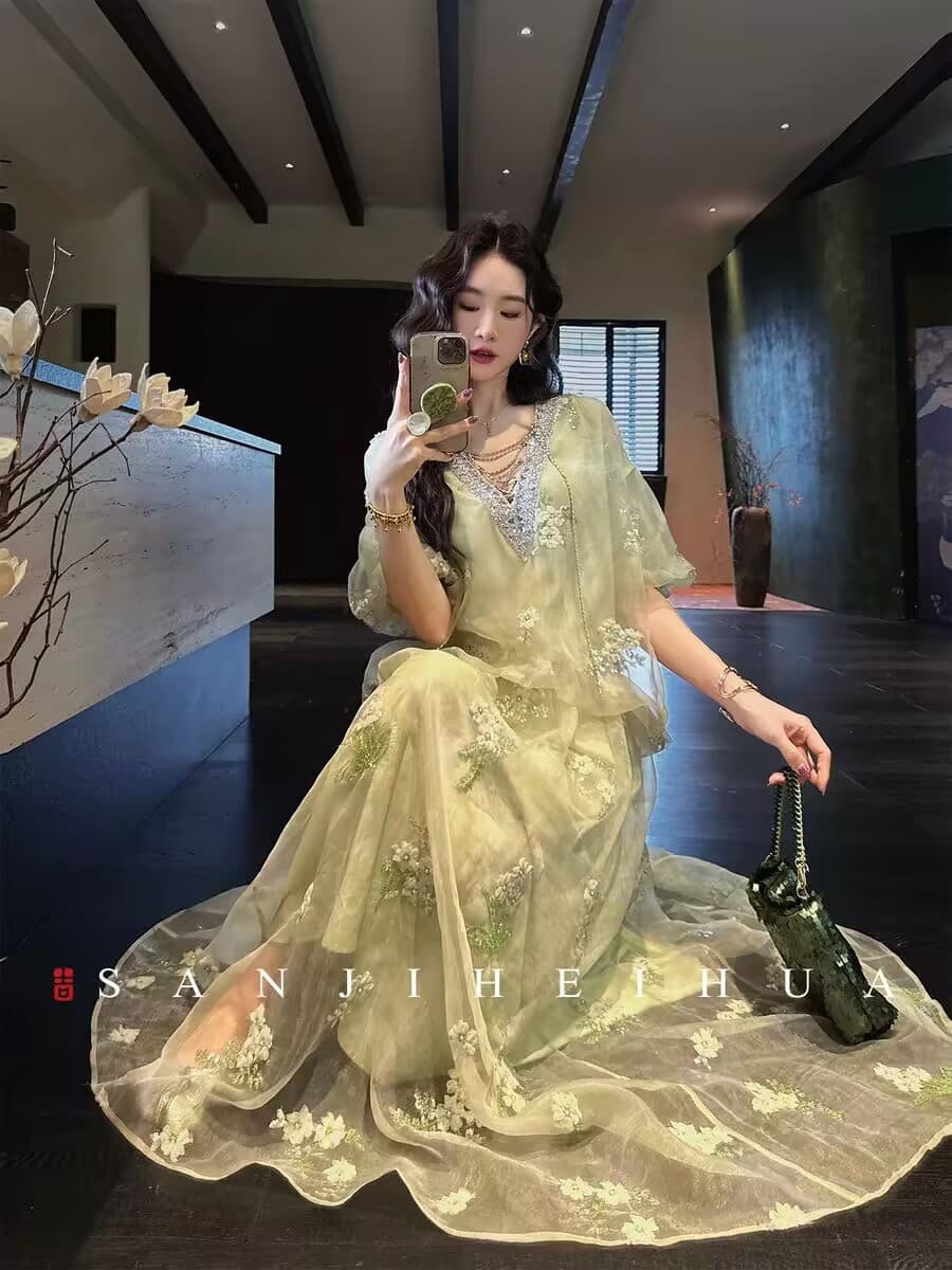 세 지 블랙 꽃 여름 반딧불 새로운 중식 구슬 자수 직금 2026 자이언트 잘 생긴 점프 슈트 치마 무거운 작업 망사 롱 스커트 상세 이미지 6