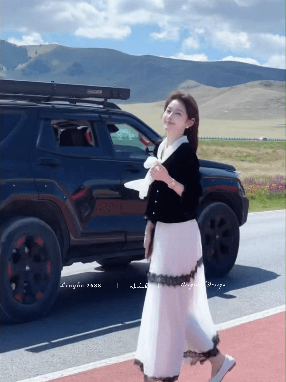 파빌리온 와우 검은 진주 천 골드 허리 수축 맨위 배색 반 스커트 이미지 4