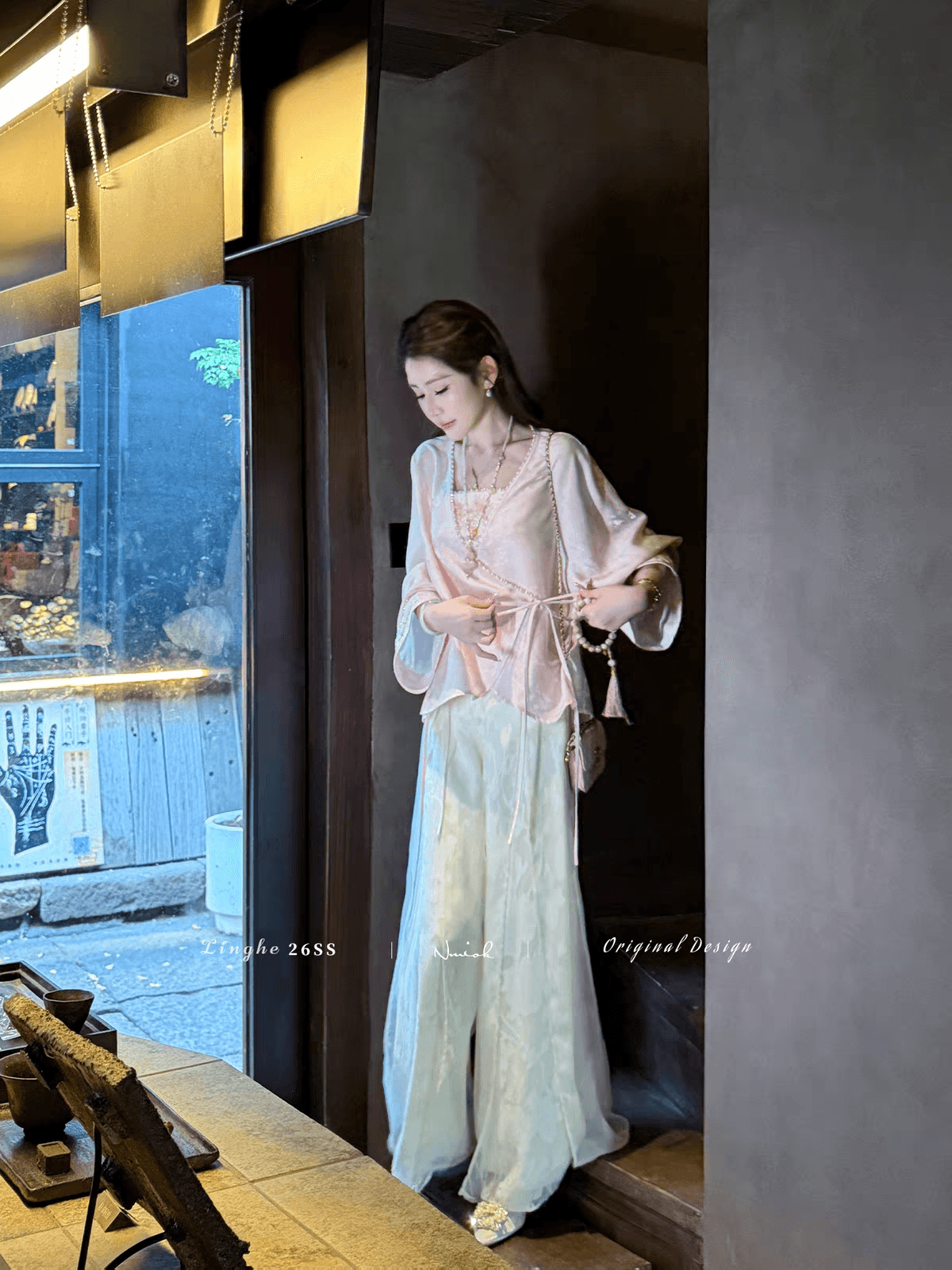 파빌리온 와우 복숭아꽃 요정 새로운 맞춤 자수 슬립 중복 스타일 외부 셔츠 세트 상세 이미지 3