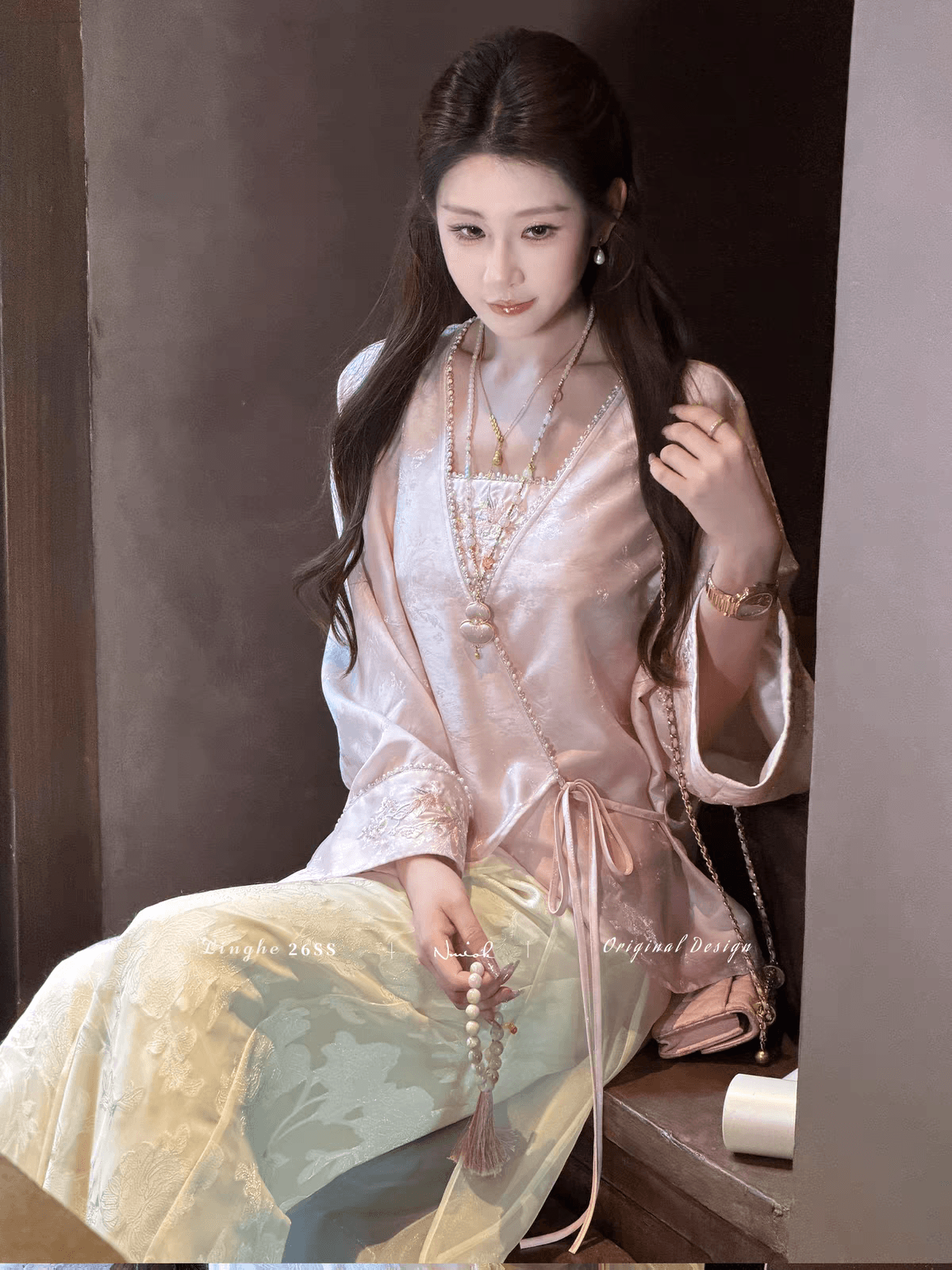 파빌리온 와우 복숭아꽃 요정 새로운 맞춤 자수 슬립 중복 스타일 외부 셔츠 세트 상세 이미지 5