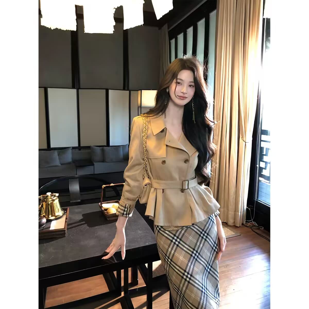 하나부터 순간 반도 라이 경기 서울 면 쇼트 스타일 재킷 재킷 레트로 체크무늬 타이트 스커트 반 스커트 출퇴근 착용 가져 가라. 이미지 3