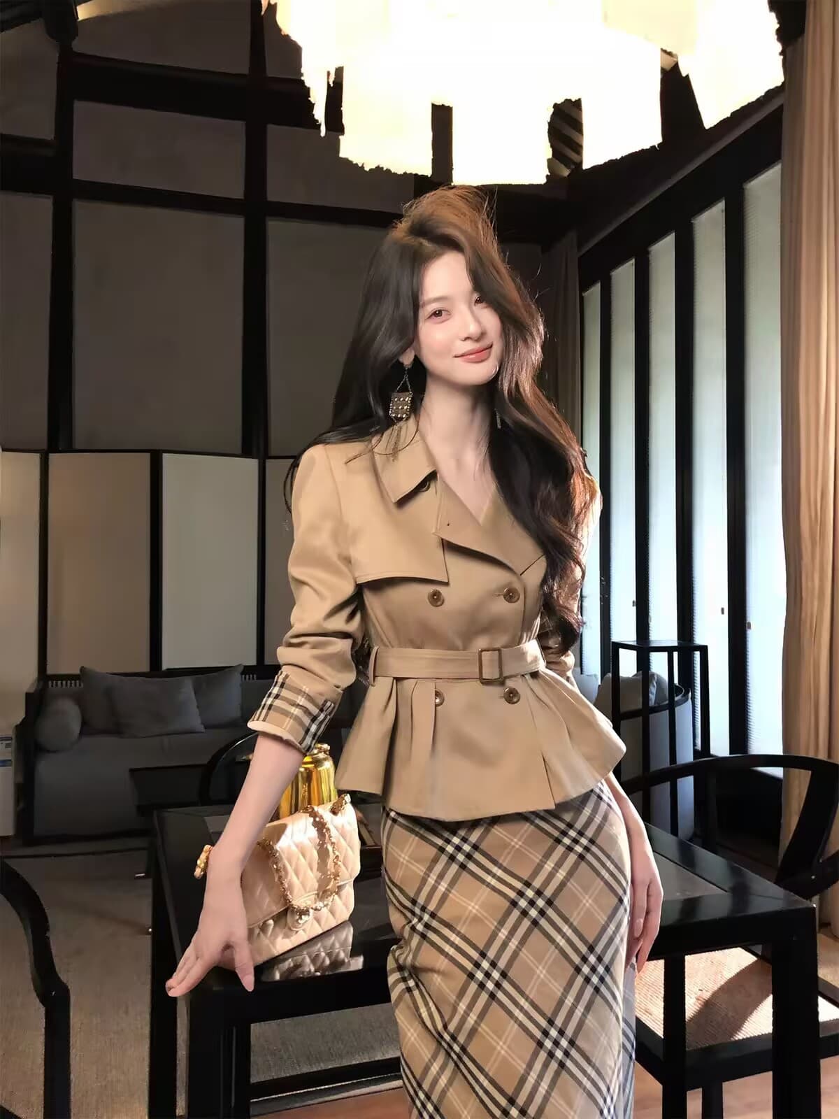 하나부터 순간 반도 라이 경기 서울 면 쇼트 스타일 재킷 재킷 레트로 체크무늬 타이트 스커트 반 스커트 출퇴근 착용 가져 가라. 이미지 2