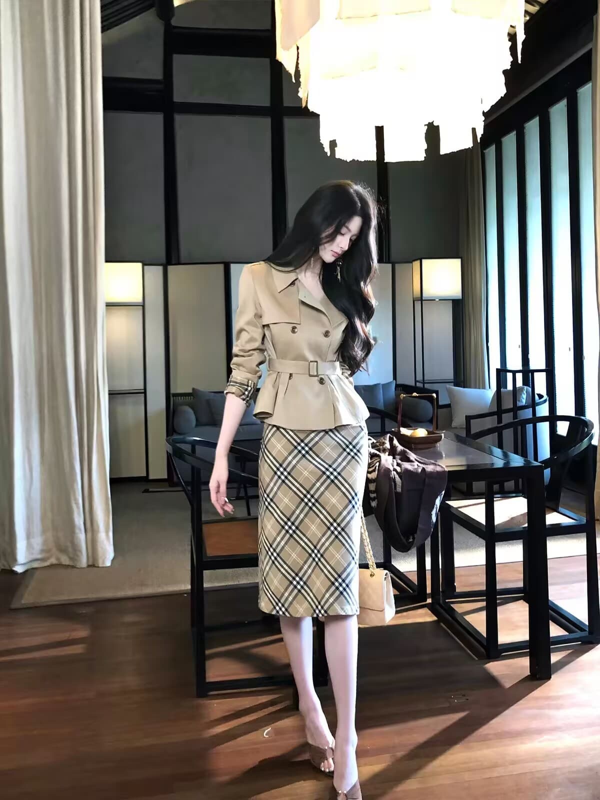하나부터 순간 반도 라이 경기 서울 면 쇼트 스타일 재킷 재킷 레트로 체크무늬 타이트 스커트 반 스커트 출퇴근 착용 가져 가라. 이미지 5