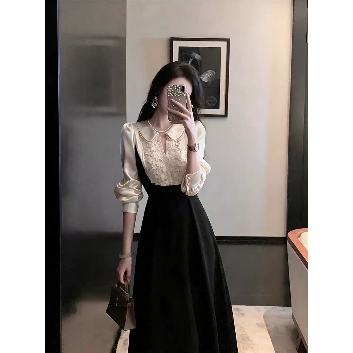 우아한 조 흑인과 백인 명나라 연주하다 곡 가을 의상 새로운 긴팔 연령 감소 프랑스식 레트로 베이비 칼라 패치워크 드레스 짧은 상세 이미지 5