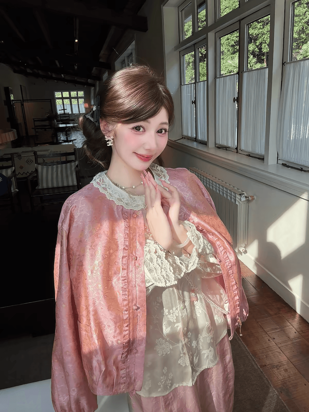 잉여금 도자기 품질 빛과 그림자 꽃 신 어둠 곡물 자카드 새로운 중식 여성 셔츠 이른 가을 레이스 디자인 센스 국풍 맨위 상세 이미지 5