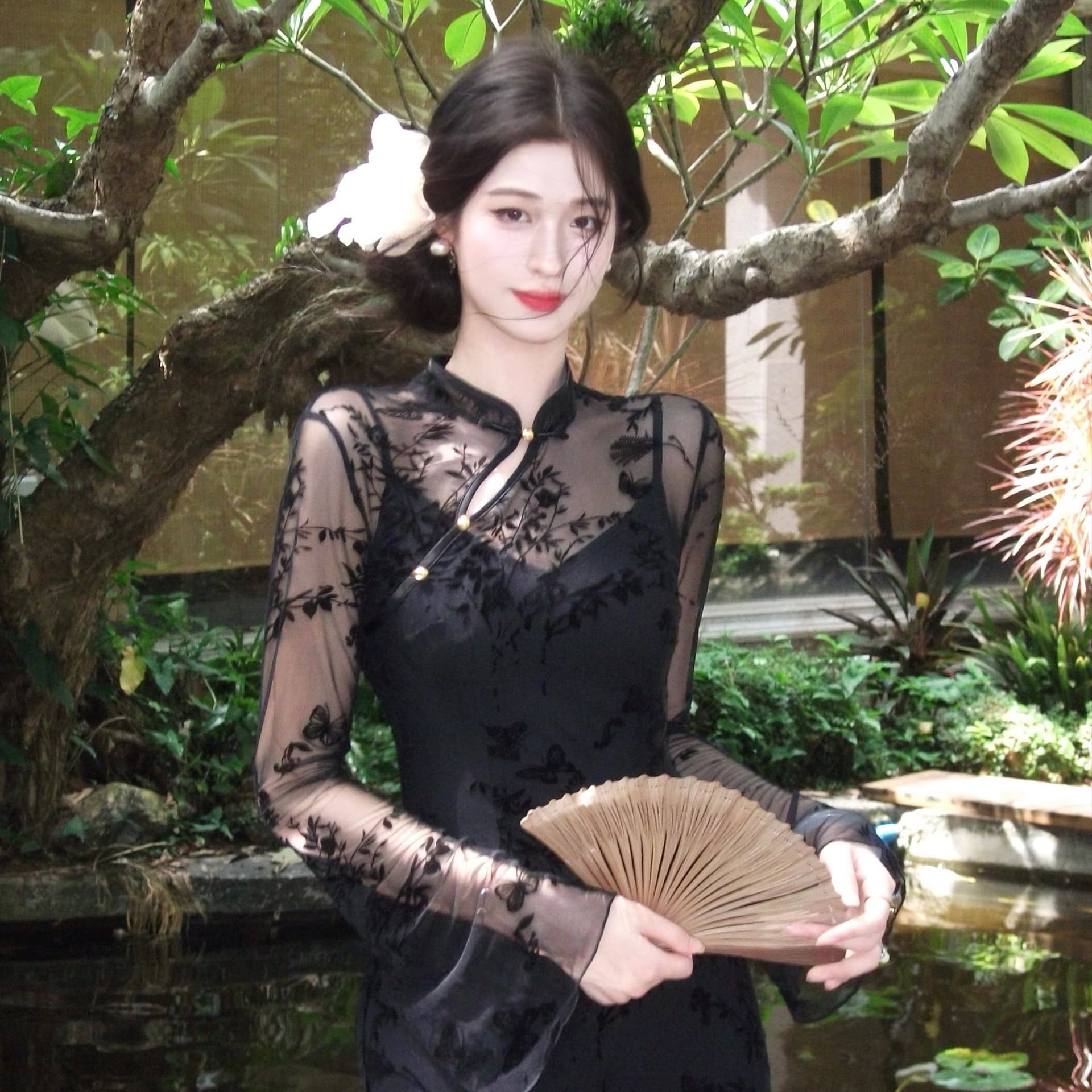 링 茜 거만한 와우 법사 실 나비 꿈 새로운 중식 나비 식물 플러시 치파오 허리 수축 슬림해 보이는 슬립 드레스 투피스 세트 이미지 6