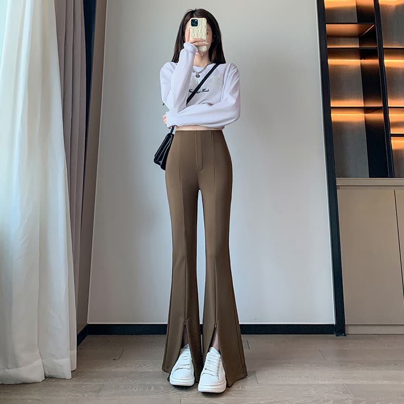 실사 새로운 트임 마이크로 나팔 바지 몸매 가꾸기 슬림해 보이는 한국 스타일 하이웨이스트 캐주얼 긴 바지 여성 이미지 6
