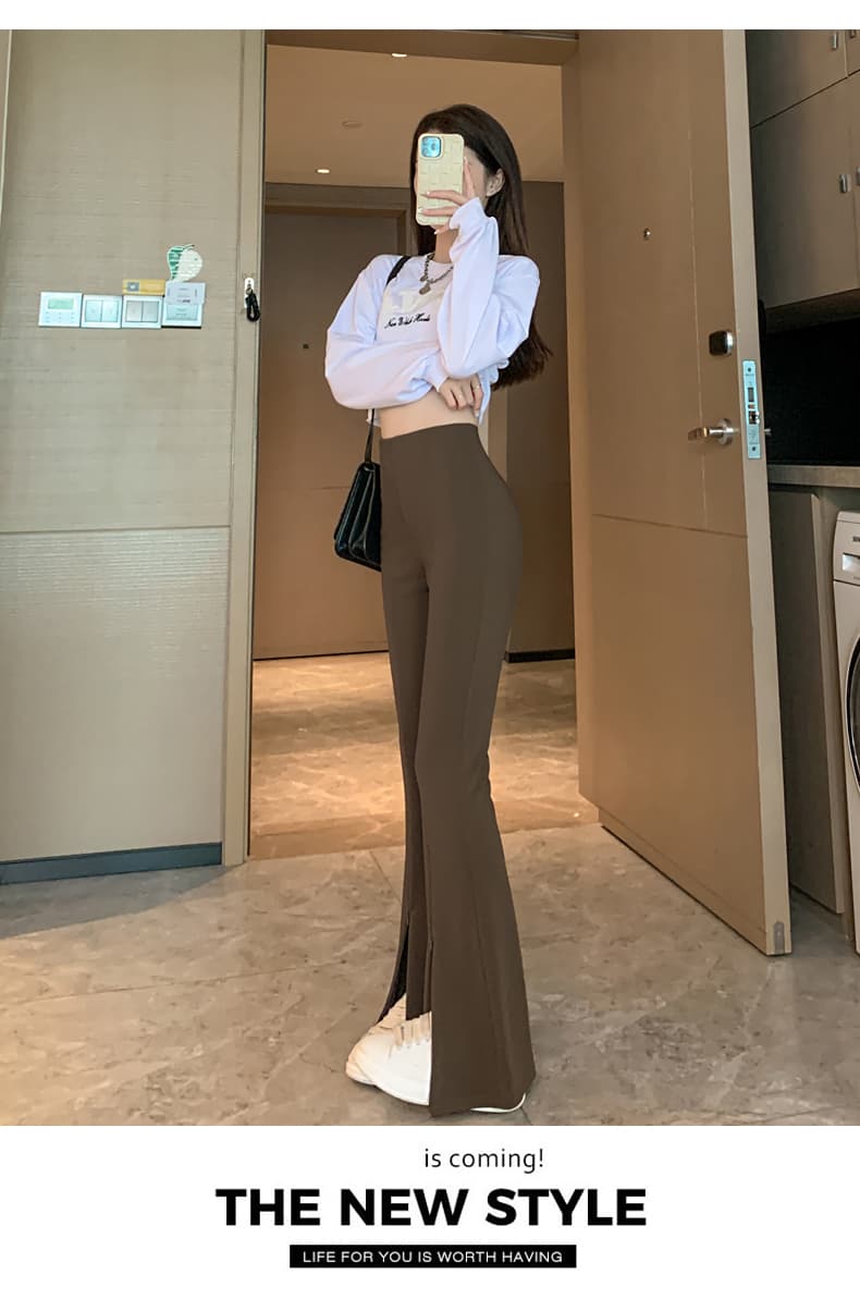 실사 새로운 트임 마이크로 나팔 바지 몸매 가꾸기 슬림해 보이는 한국 스타일 하이웨이스트 캐주얼 긴 바지 여성 상세 이미지 23