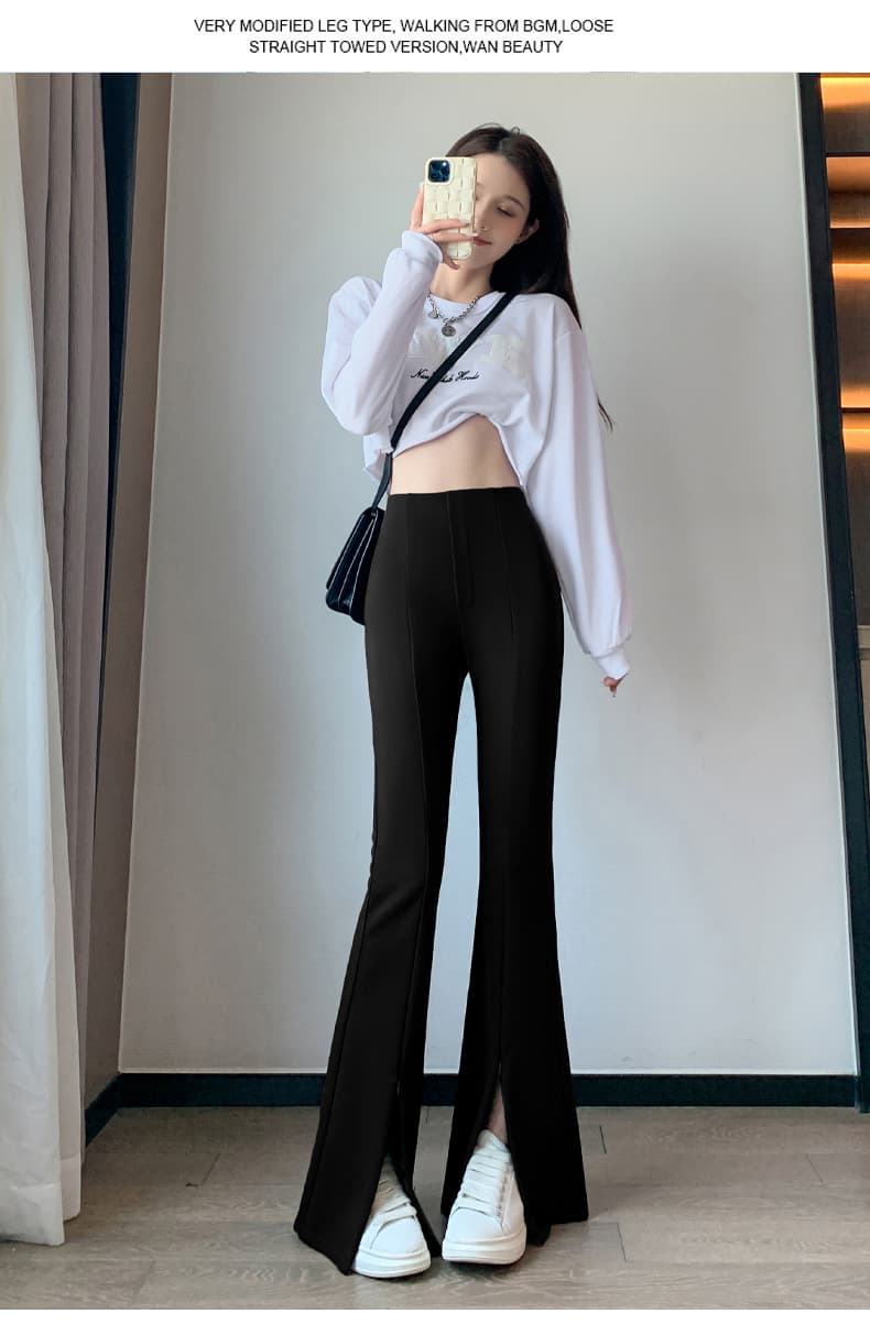 실사 새로운 트임 마이크로 나팔 바지 몸매 가꾸기 슬림해 보이는 한국 스타일 하이웨이스트 캐주얼 긴 바지 여성 상세 이미지 27