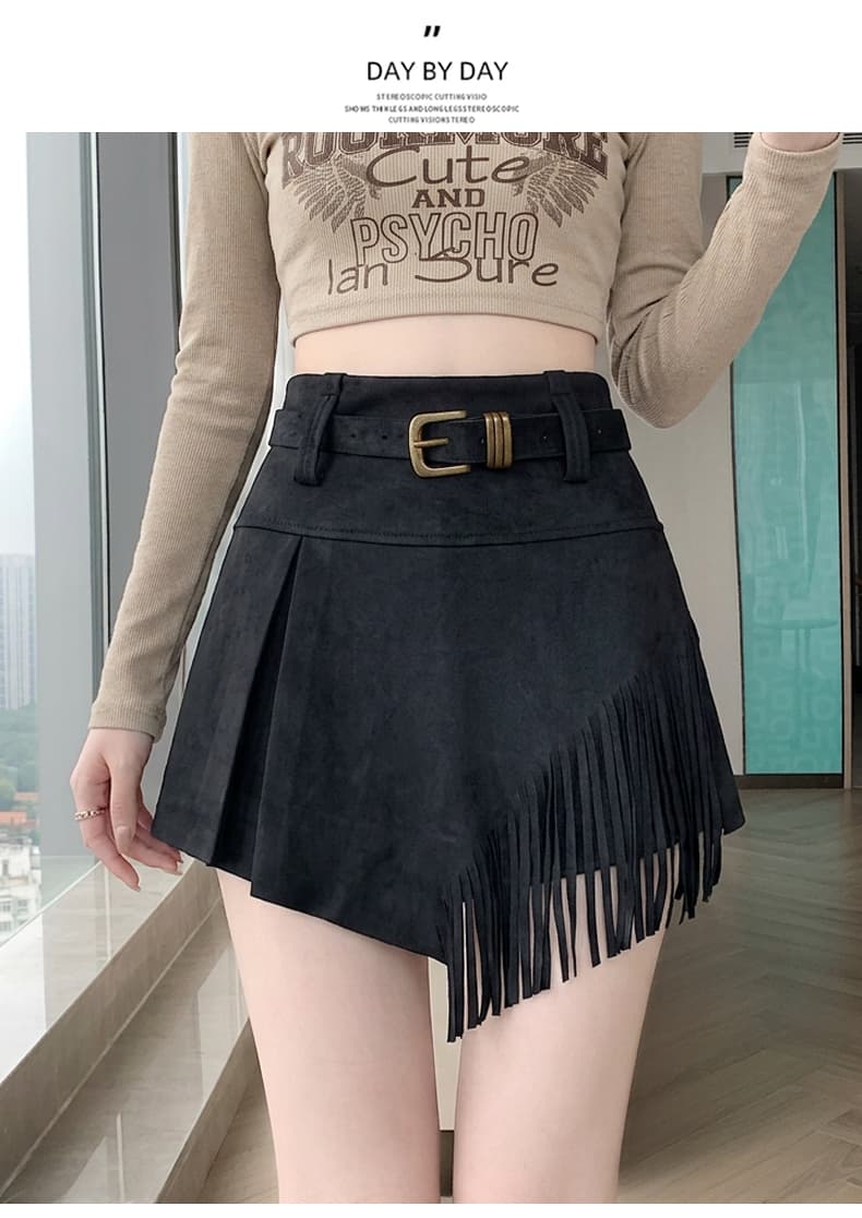 실사 스웨이드 원단 반신 스커트 여성 비대칭 술 노출 방지 플리츠 개성 캐주얼 레트로 한 마디 미니 스커트 상세 이미지 25
