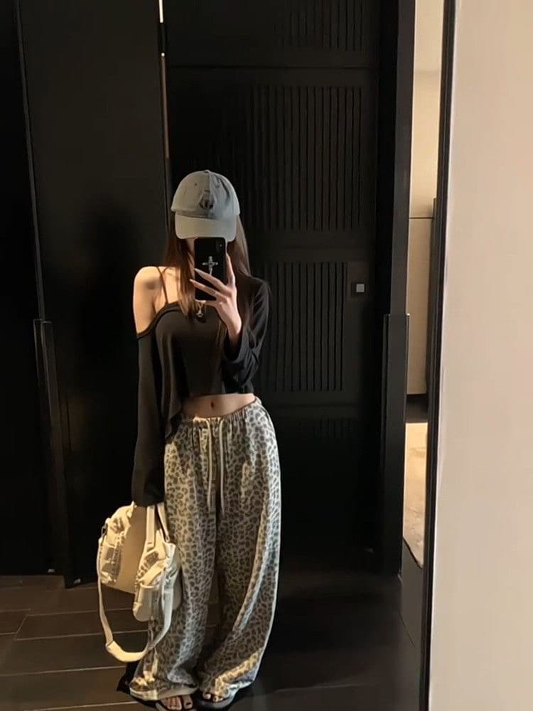 이른 가을 켜기 새로운 한 부서 순수한 욕망 비스듬한 어깨 긴팔 티셔츠 안개 센스 프린트 캐주얼 루즈핏 넓은 다리 투피스 세트 세트 이미지 3