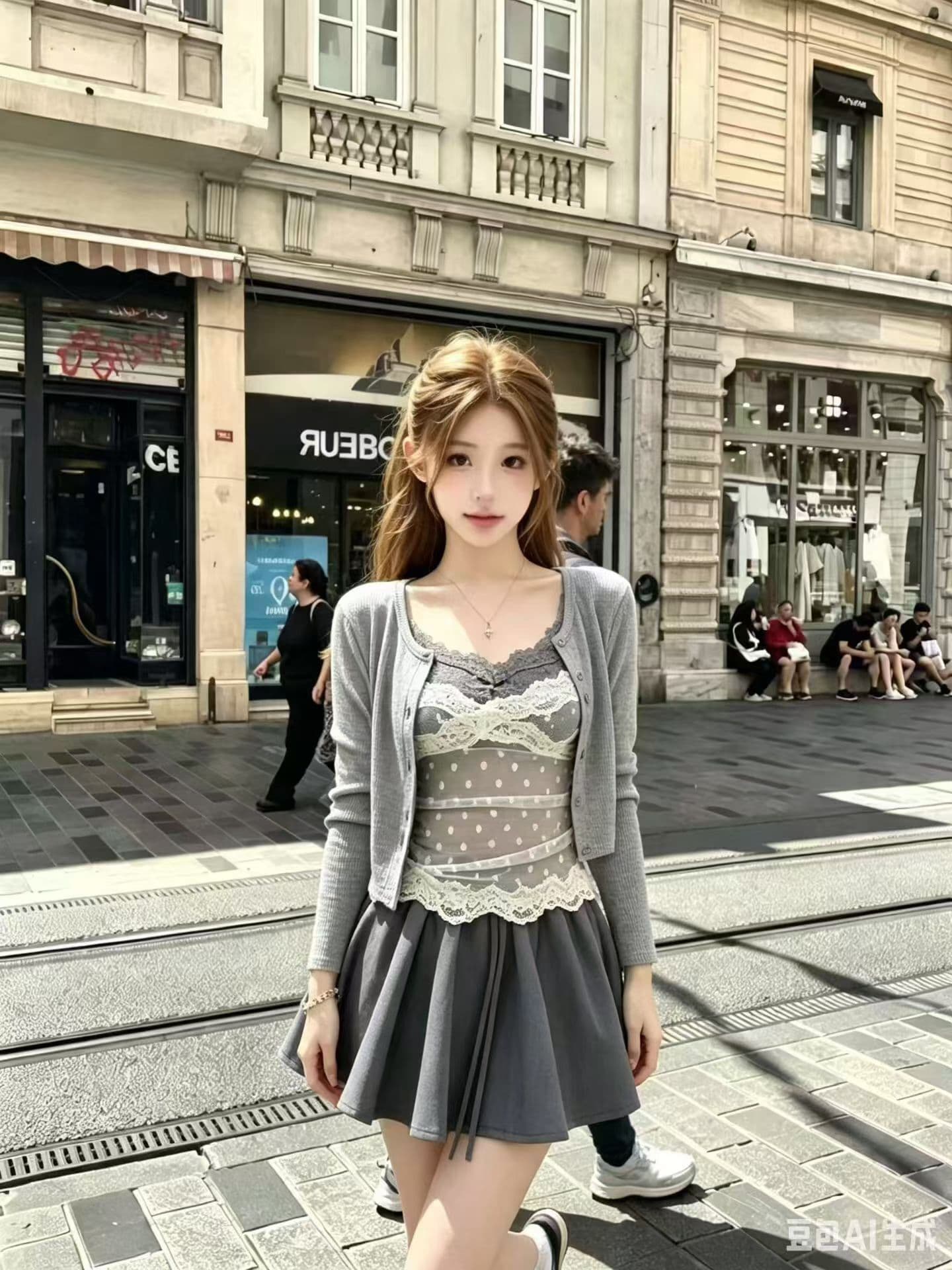 가을 의상 새로운 패션 캐주얼 품격 패치워크 레이스 만나는 오픈 가디건 반신 스커트 세 조각 세트 여성 이미지 3