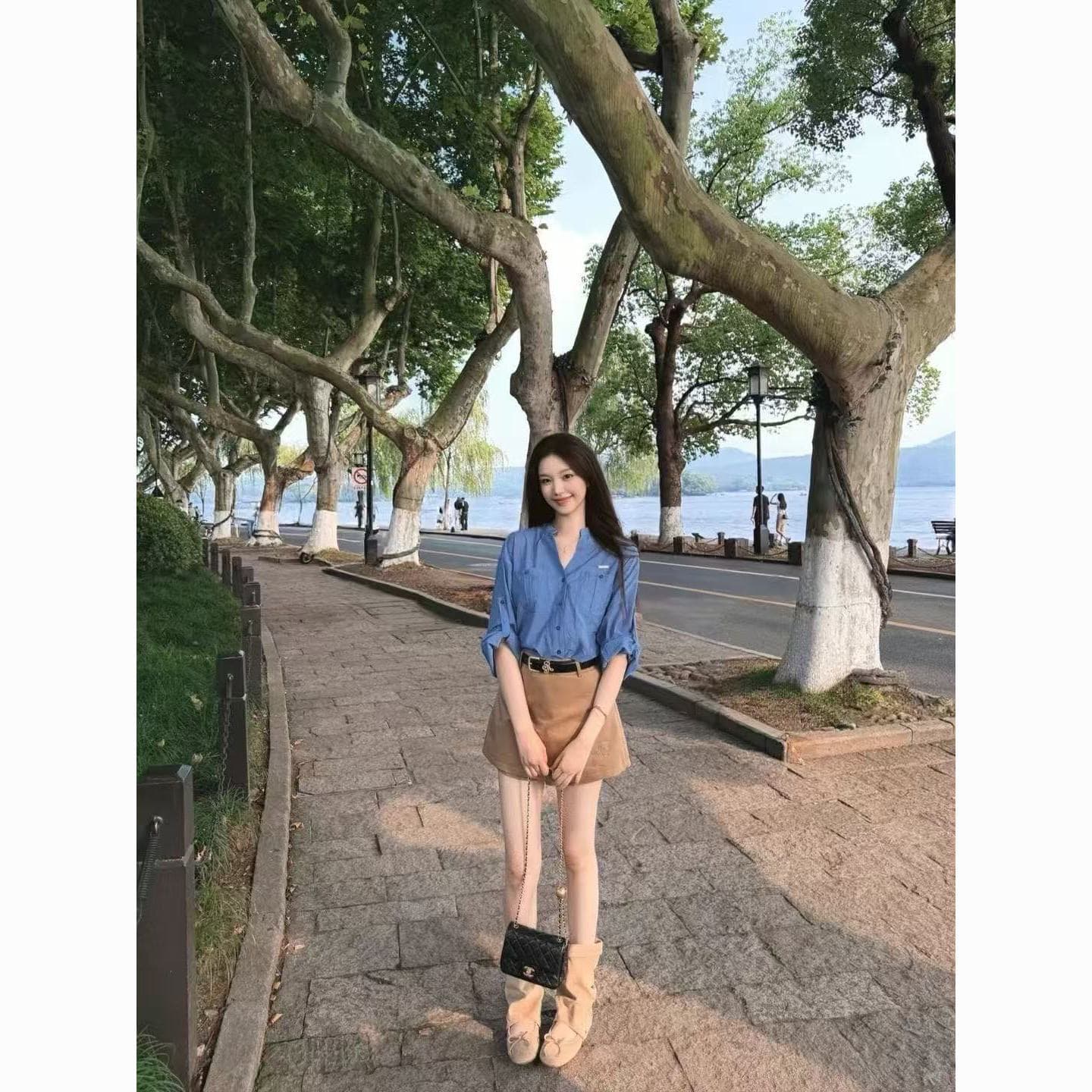 빛 사람들 코치 전체 집합 착용 가져 가라. 품격 오래된 돈 바람 V 넥 셔츠 맨위 하이웨이스트 반신 스커트 느슨함 센스 세트 상세 이미지 2