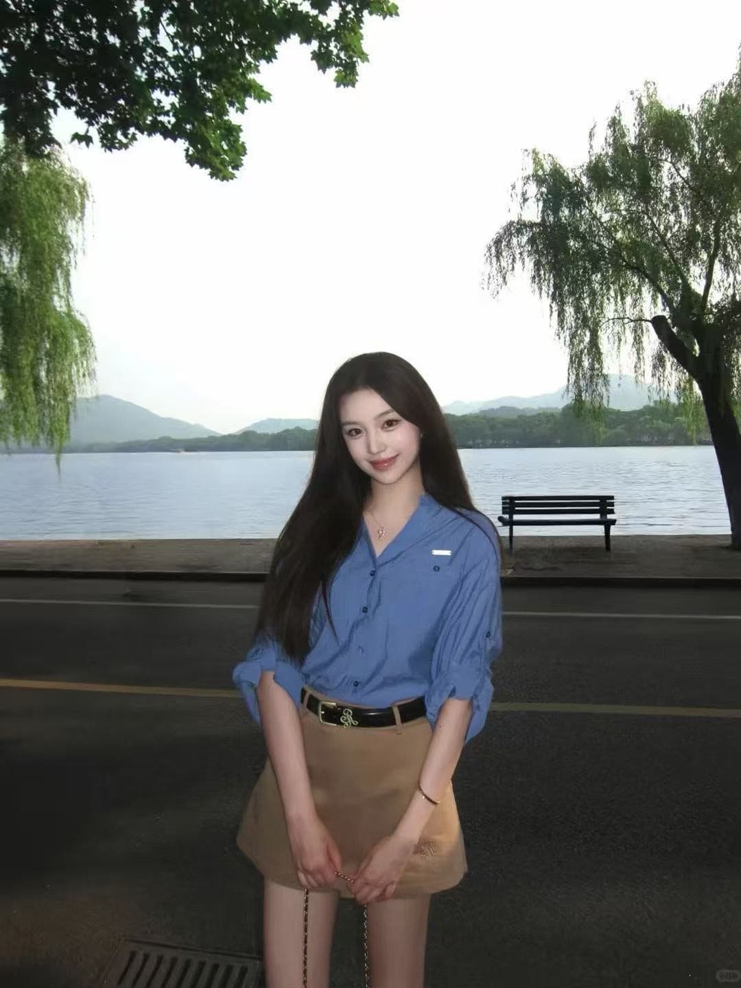 빛 사람들 코치 전체 집합 착용 가져 가라. 품격 오래된 돈 바람 V 넥 셔츠 맨위 하이웨이스트 반신 스커트 느슨함 센스 세트 상세 이미지 4