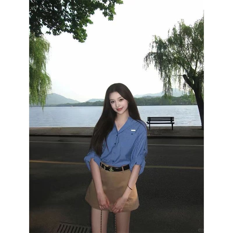 빛 사람들 코치 전체 집합 착용 가져 가라. 품격 오래된 돈 바람 V 넥 셔츠 맨위 하이웨이스트 반신 스커트 느슨함 센스 세트 상세 이미지 9