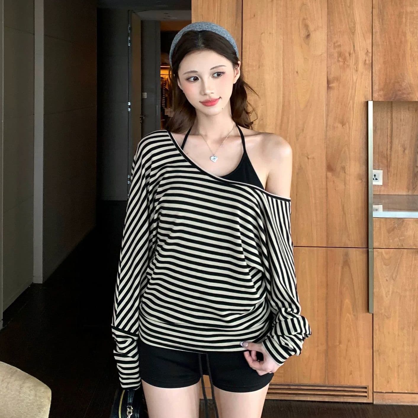 느긋한 바람 세트 배색 스트라이프 블라우스 행침 목 슬립 반바지 여성 봄 여름 루즈핏 캐주얼 슬림해 보이는 3종 세트 상세 이미지 5