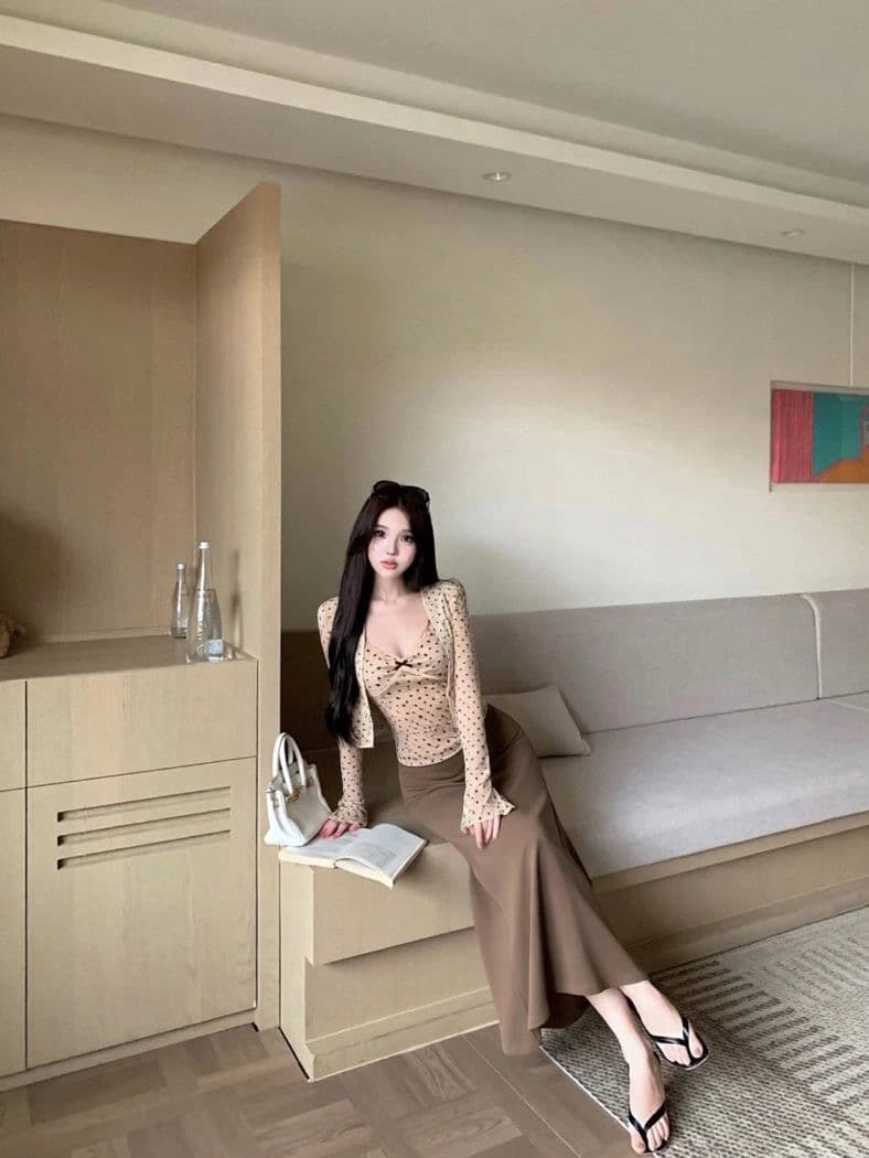 한 부서 부드러운 바람 도트 무늬 긴팔 오픈 가디건 인사이드 가져 가라. 캐미솔 이른 가을 슬림해 보이는 반신 스커트 맨위 3종 세트 상세 이미지 6