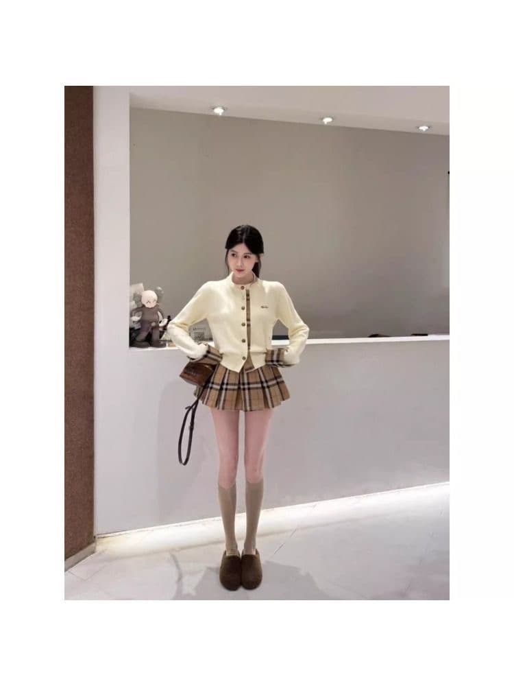 2026 자이언트 잘 생긴 폭발 코디 전체 집합 한 부서 품격 다용도 체크무늬 패치워크 오픈 가디건 슬림해 보이는 플리츠 미니 스커트 상세 이미지 4