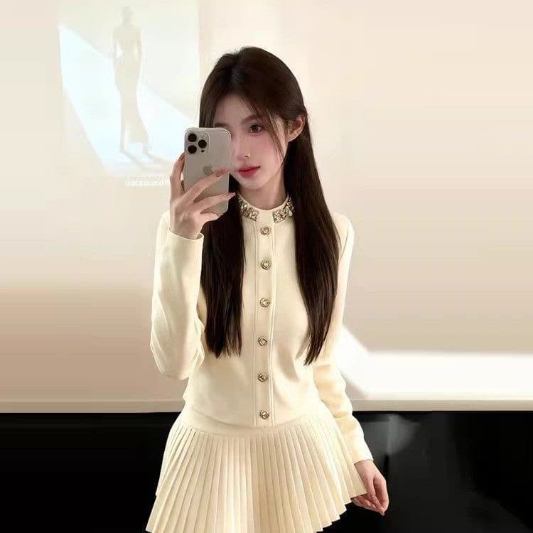 프랑스식 명문 여성 작은 샤넬 스타일 니트 오픈 가디건 스웨터 여성 코트 가을 겨울 품격 맨위 플리츠 반신 스커트 투피스 세트 상세 이미지 1