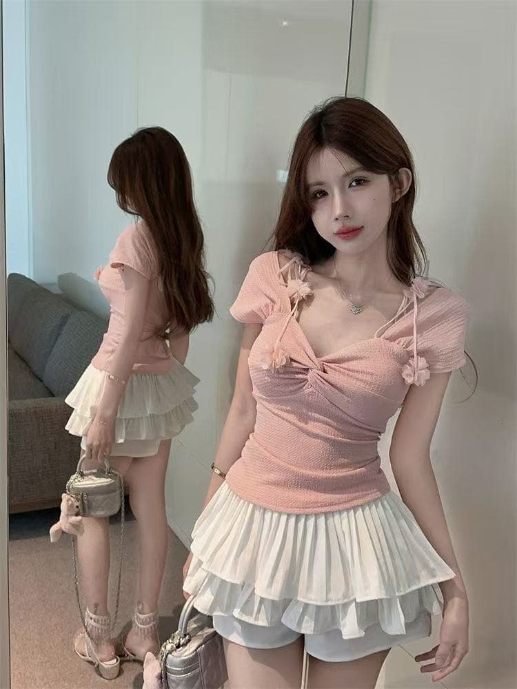 순수한 욕망 작은 키 꽃 스트랩 티셔츠 여성 여름 몸매 가꾸기 슬림해 보이는 디자인 센스 십자가 섹시함 오프숄더 맨위 상세 이미지 1
