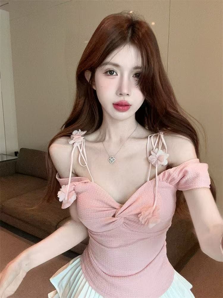 순수한 욕망 작은 키 꽃 스트랩 티셔츠 여성 여름 몸매 가꾸기 슬림해 보이는 디자인 센스 십자가 섹시함 오프숄더 맨위 상세 이미지 3