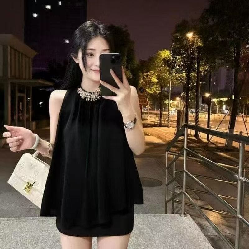 작은 샤넬 스타일 스와로브스키 민소매 행침 목 맨위 여성 핫걸 품격 검정색 루즈핏 쉬폰 작은 대중 슬림해 보이는 명문 여성 조끼 상세 이미지 1